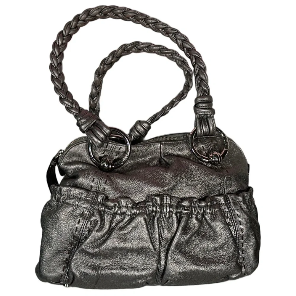 B. MAKOWSKI Pebbled Leather Hobo Bag A211928 Grey Pockets Braided Straps Classic